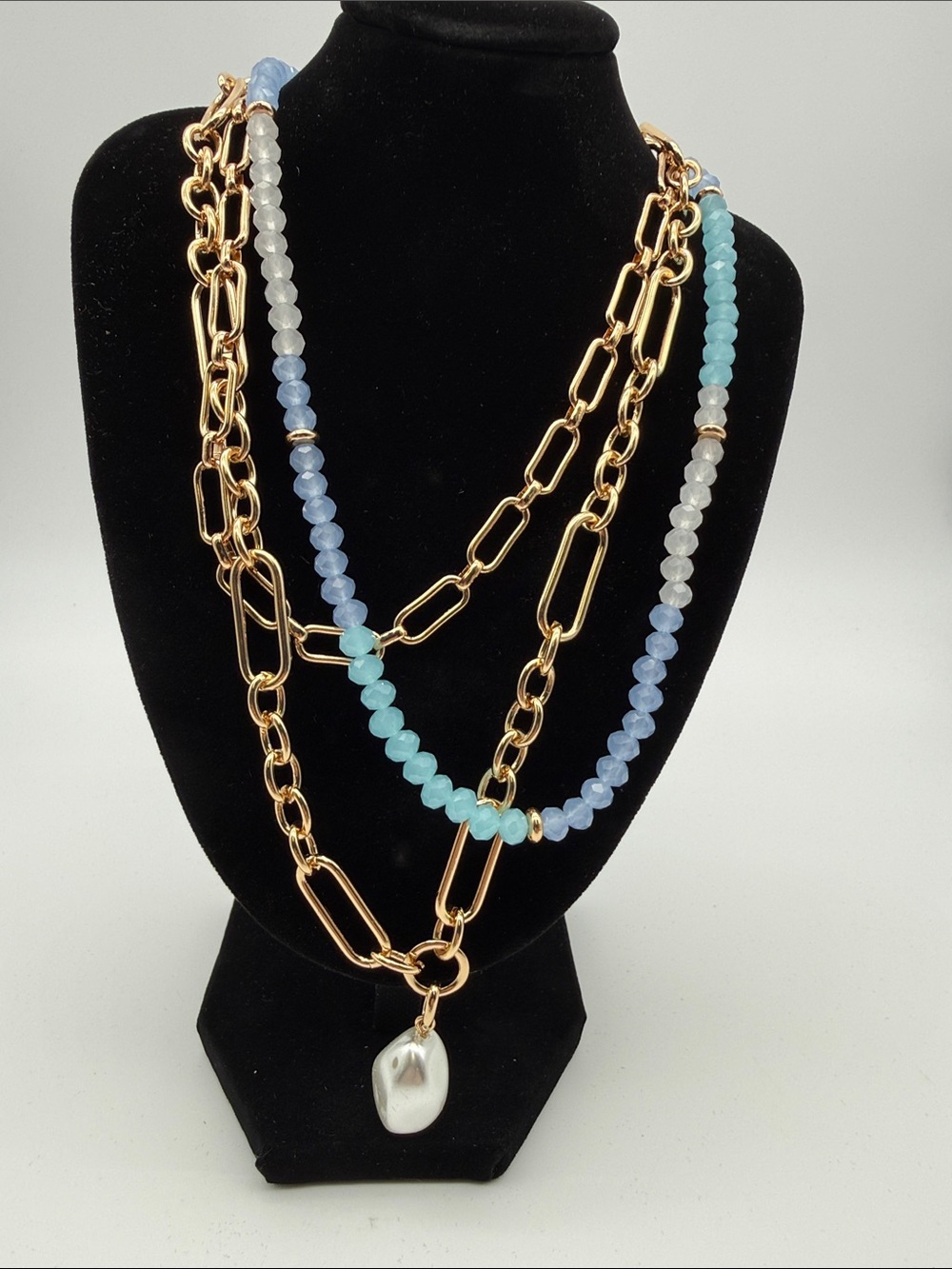 Gold-Tone Layered Necklace with Blue and Aqua Beads and Pearl Charm